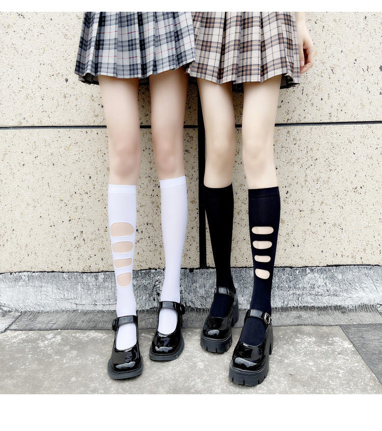 Asymmetric Ripped Socks for Women ins Trendy Internet Celebrity Street Style ins Trendy Mid-Calf Socks JK Black Stockings Calf Socks AB Socks