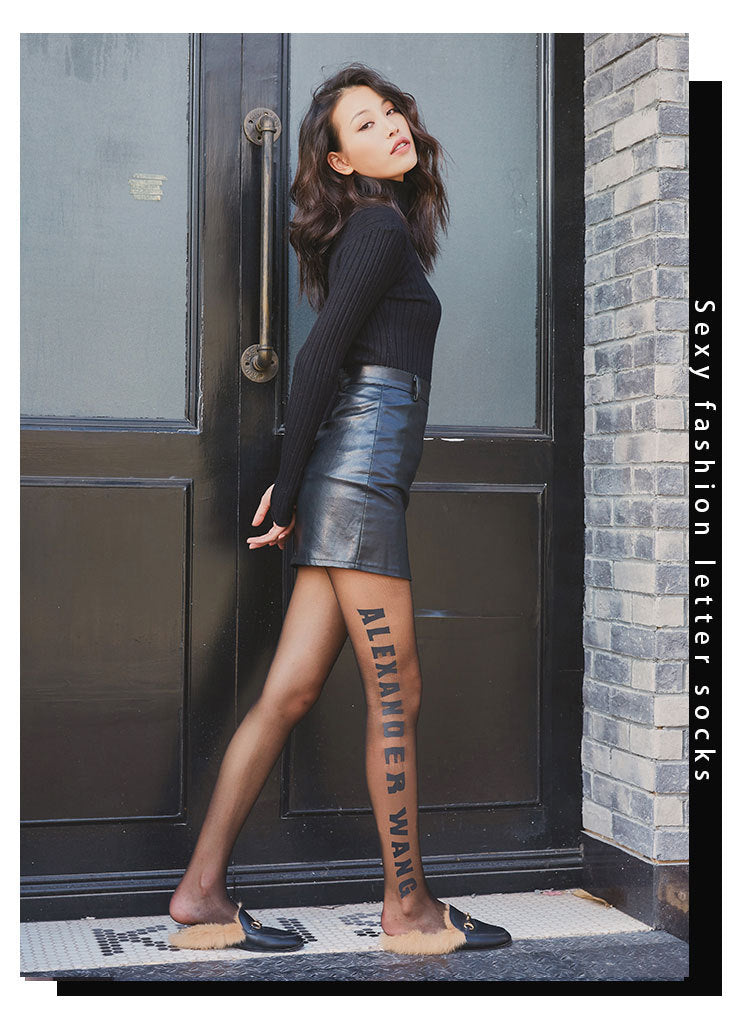 Autumn and Winter Printed AW Black Trendy Brand Side Letter Slimming Personality Beautiful Leg Stockings Letter Stockings