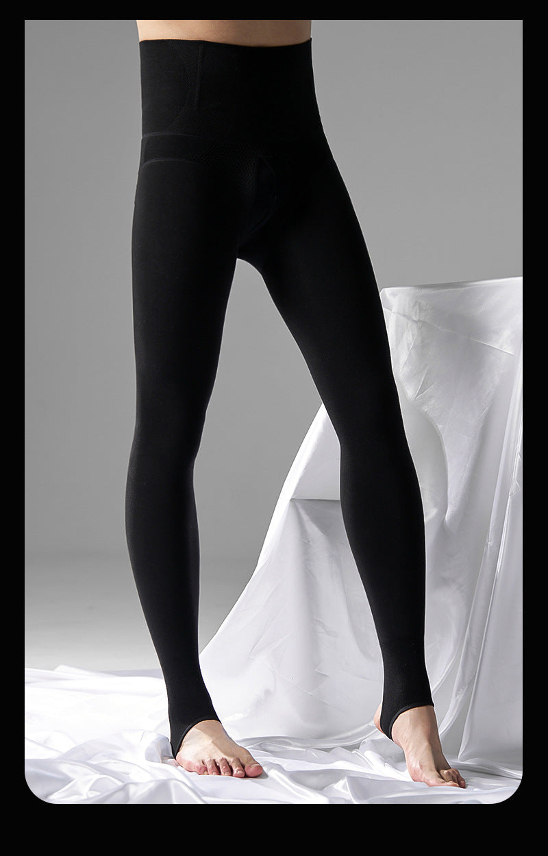 Autumn and Winter Men's Fleece-Lined Thermal Tights High Waist Tummy Control Vertical Opening Tight Sexy Thickened Stockings Leggings