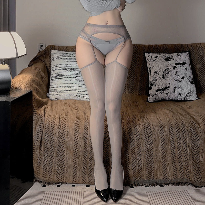 8D Sexy Lace One-Piece Camisole Black Stockings Thin Pure Desire Style White Lace Trim High Tube Over-the-Knee Stockings Erotic