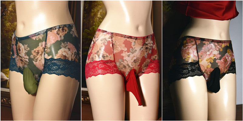 Little Matchmaker230Men's Mesh Triangle Underwear Large Size Printed Sexy Mid-Waist Ice Silk Ultra-Thin Men's Underwear