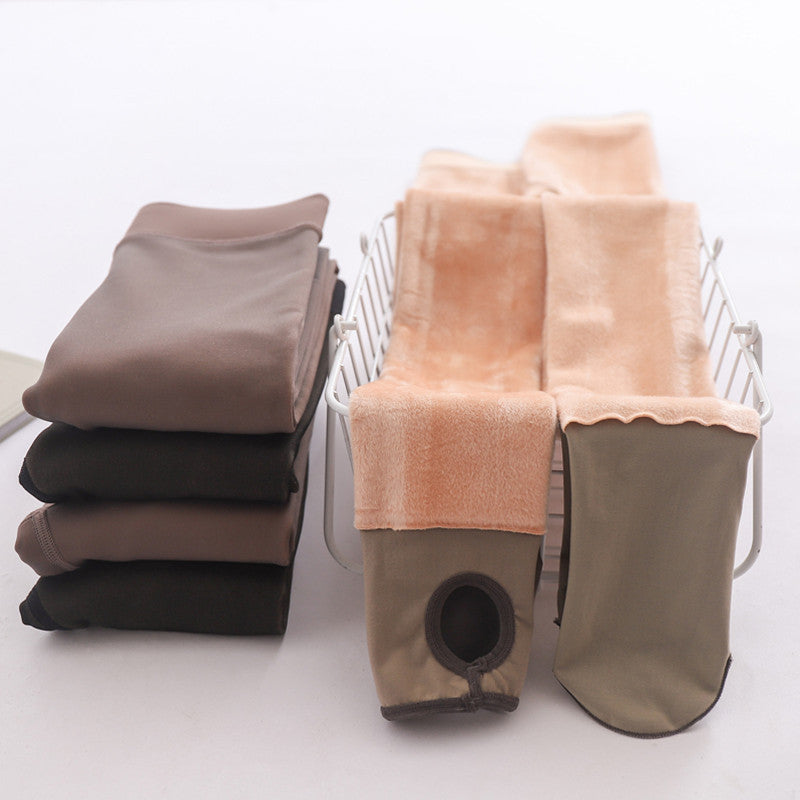 Autumn and Winter New Style Flight Attendant Gray Leggings Fake Sheer Fleece-Lined Thickened Women's High-Waisted One-Piece Pantyhose True Skin-Translucent Tights