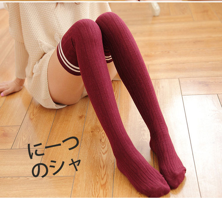 Academy Style Long Tube Socks Women's Two-Stripe Braided Pile Socks Japanese and Korean Striped Long Tube Over-the-Knee Socks