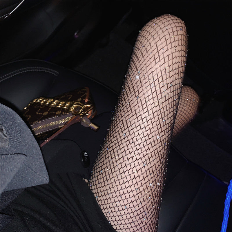 AliExpress European and American Sexy Fishnet Stockings with Rhinestones, Fishnet Tights with Rhinestones, Mesh Small Mesh Pantyhose, Slimming Effect