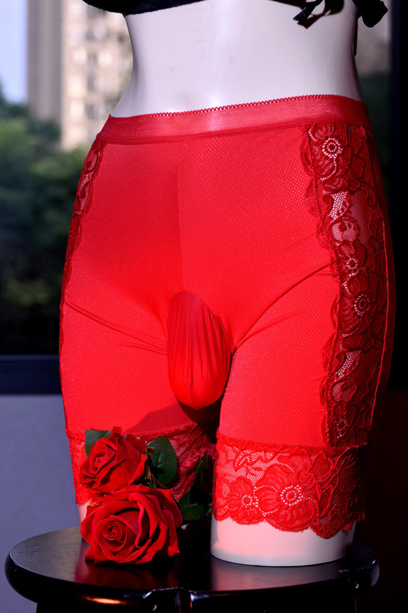 200Men's Ice Silk Underwear Sexy and Breathable jj Lace Trimmed Thong Panties with Stockings, Cool and Anti-Chafing Thigh and Flat Leg Pants