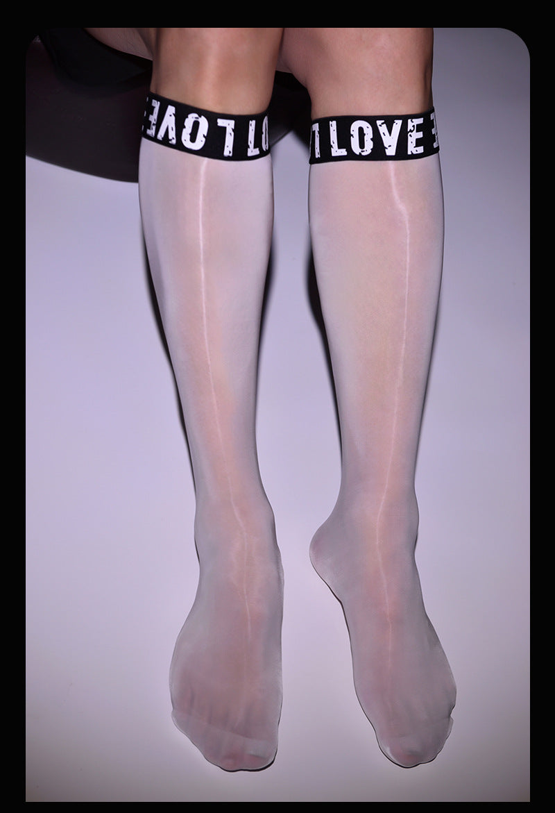 Little Red Matchmaker Men's Letter Breathable Formal Stockings Mirror Mid-Calf Socks Silky Glossy Black Silk Business Footless