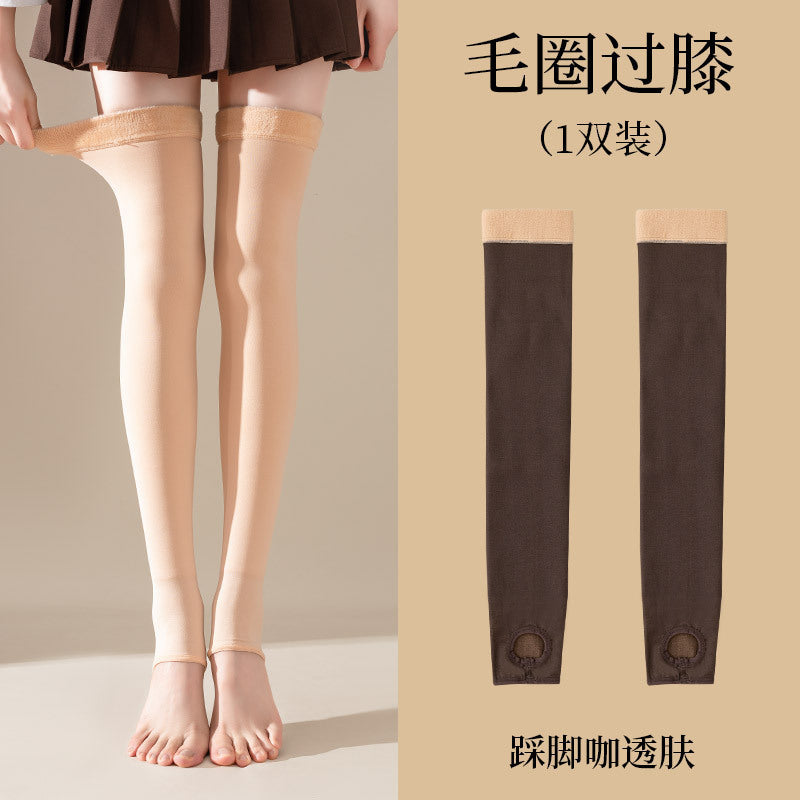 Autumn Winter Fake Sheer Over-the-Knee Socks Black Sheer Flight Attendant Gray High Tube Socks Warm Fleece Knee Pads Leg Warmers Long Tube Socks