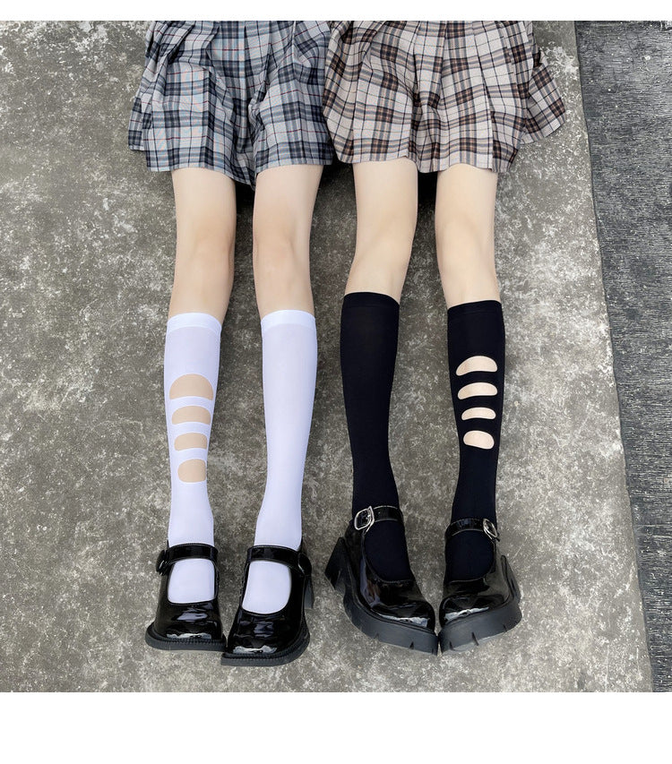 Asymmetric Ripped Socks for Women ins Trendy Internet Celebrity Street Style ins Trendy Mid-Calf Socks JK Black Stockings Calf Socks AB Socks