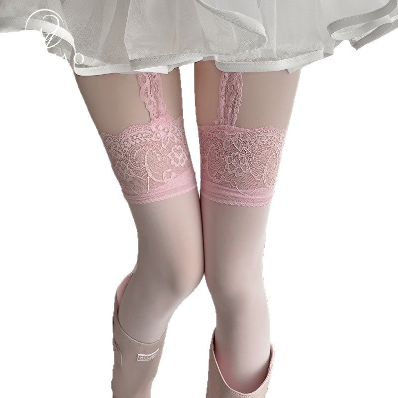 8D Sexy Horse Oil Strap One-piece Stockings Pure Desire Stockings Women's High Tube Thigh Stockings Pink Ultra-thin Lace Stockings Strap