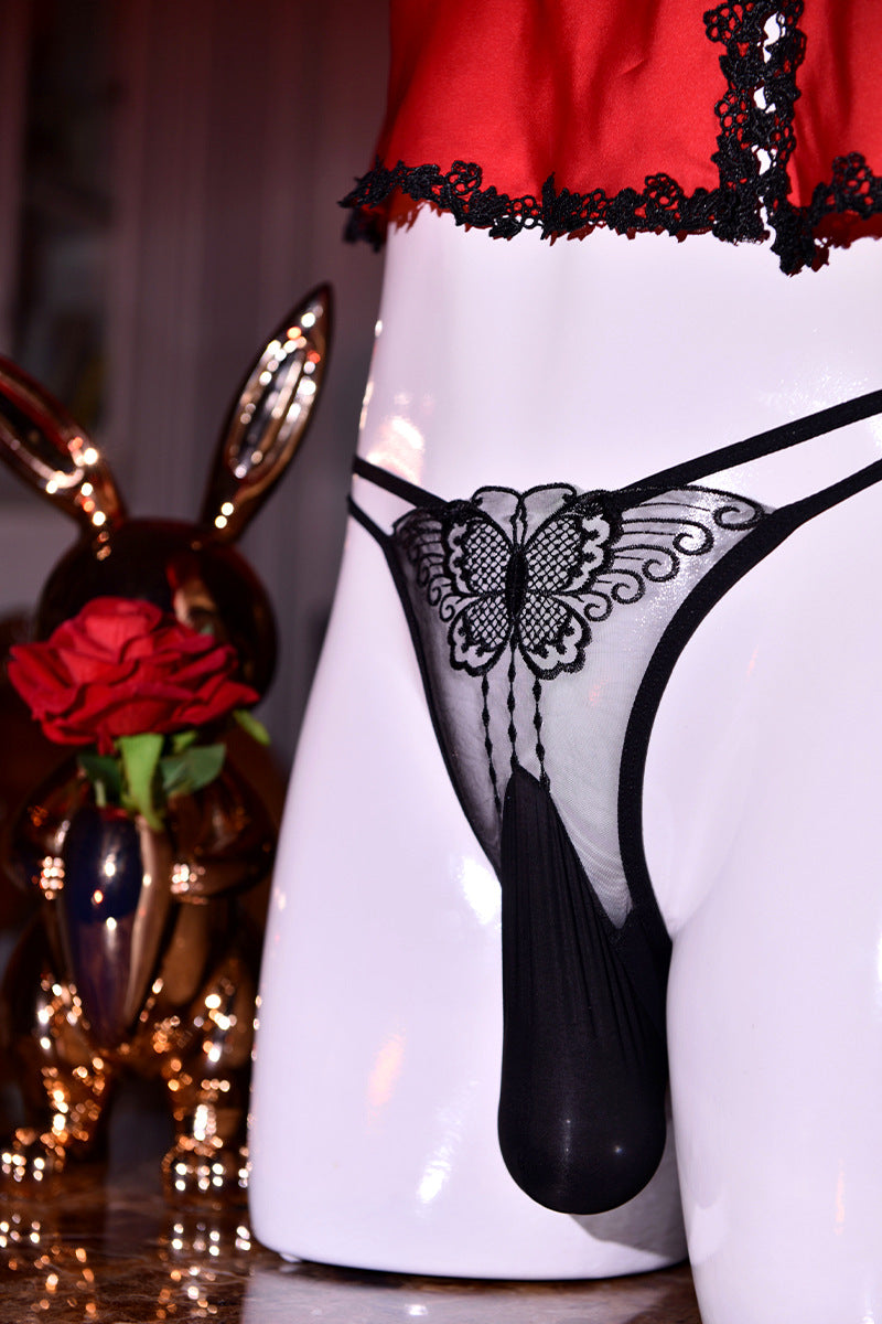 Men's Hollow Out Underwear jj Set of Nude Lace Low Waist Embroidered Butterfly Hot Temptation Transparent Sexy Plus Size Briefs