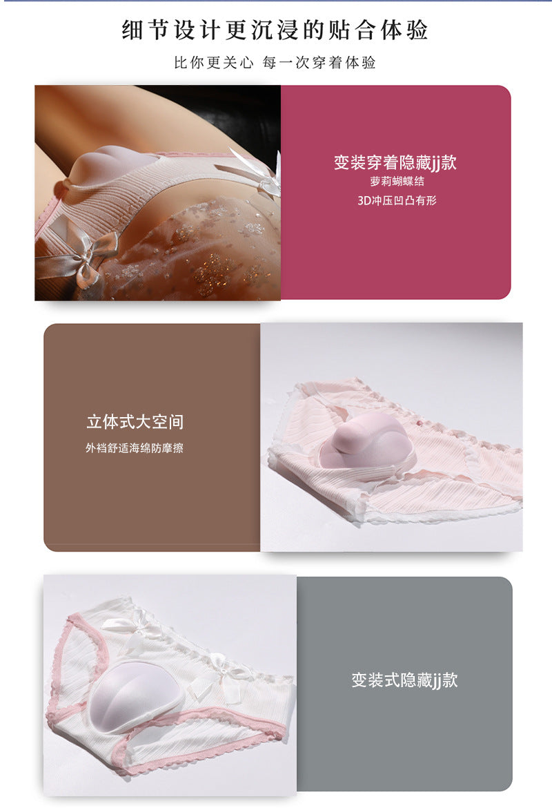 Japanese Style Sexy Male to Female Crossdressing Hidden jj Style Triangle Panties with Bowknot, Sexy Plus Size for Crossdressers CD Low-rise Underwear