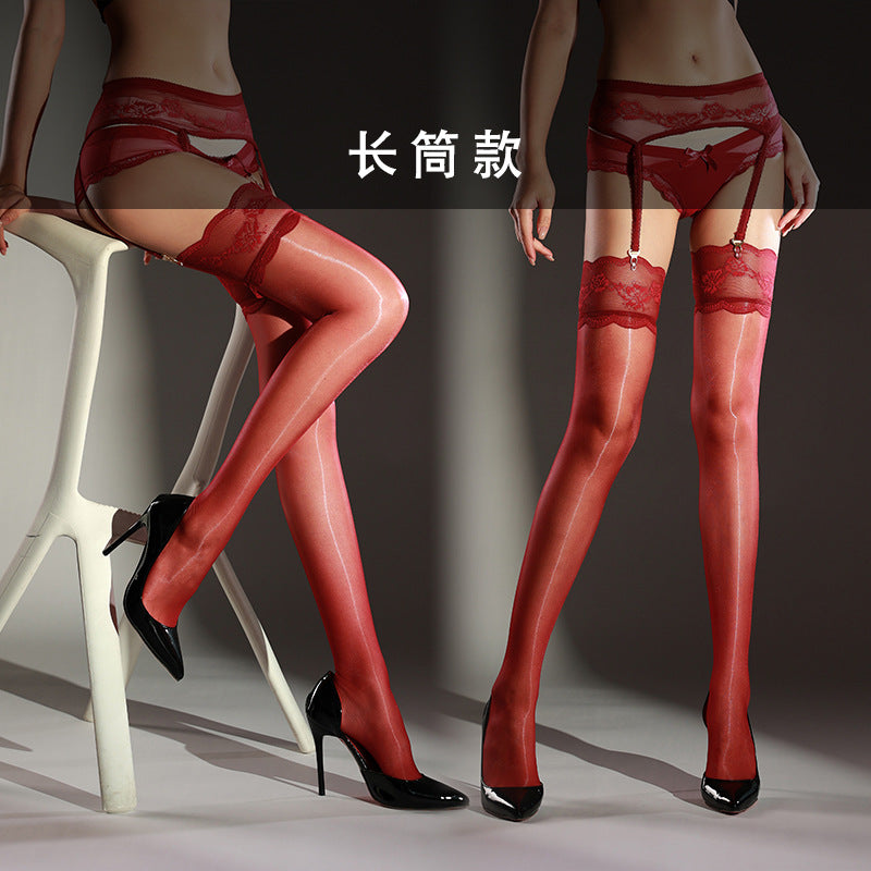 Aurora Glossy Black Silk Garter Stockings Women Sexy Over-the-Knee Long Tube Lace Stockings Pure Desire Lace One-Piece Garter Stockings