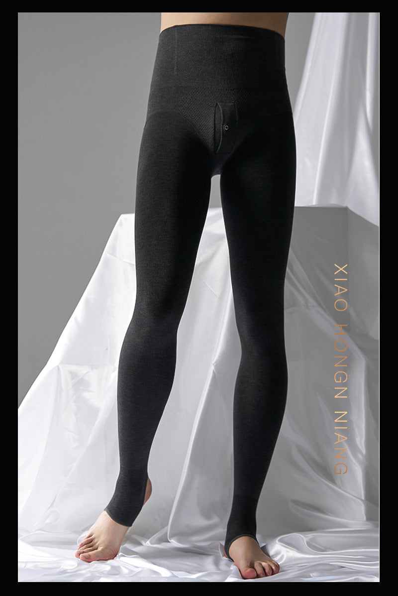 Autumn and Winter Men's Fleece-Lined Thermal Tights High Waist Tummy Control Vertical Opening Tight Sexy Thickened Stockings Leggings