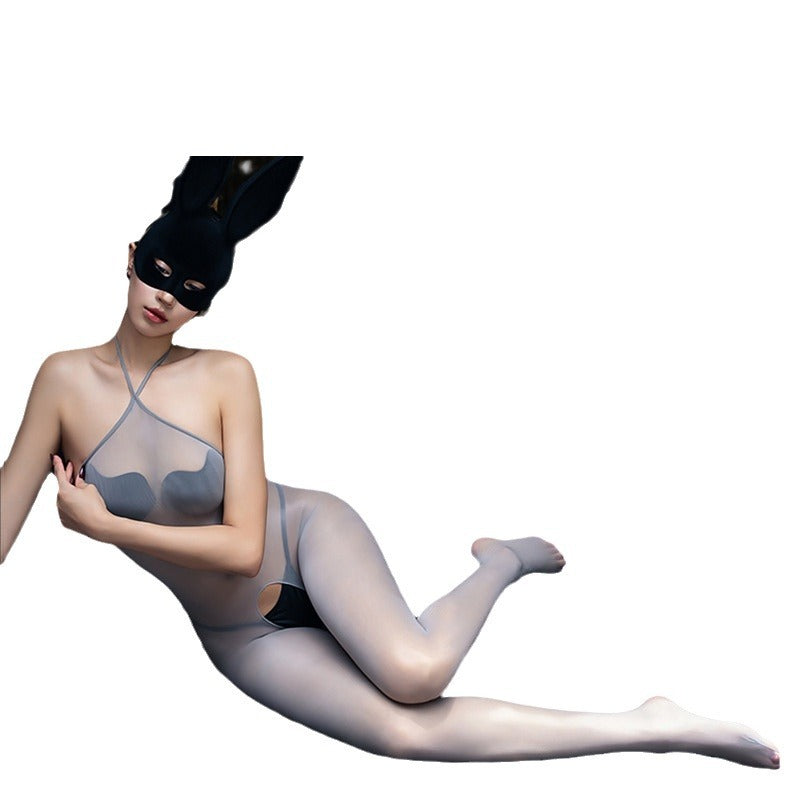 5D Glossy Stockings Bodysuit Sexy See-through Smooth Halter Neck Tie Shaping Bodysuit Open Crotch Temptation Lingerie