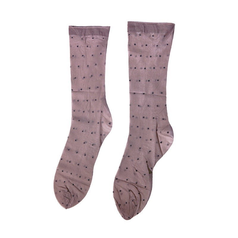 Sexy1D Aurora Polka Dot Mid-Calf Stockings Ultra-Thin Transparent Shiny Sexy Women's Black Silk Calf Socks Shaping Short Socks