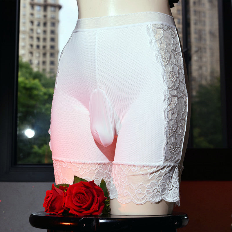 200Men's Ice Silk Underwear Sexy and Breathable jj Lace Trimmed Thong Panties with Stockings, Cool and Anti-Chafing Thigh and Flat Leg Pants