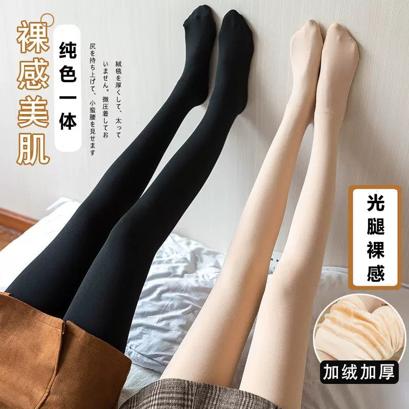 Autumn and Winter New Style Flight Attendant Gray Leggings Fake Sheer Fleece-Lined Thickened Women's High-Waisted One-Piece Pantyhose True Skin-Translucent Tights