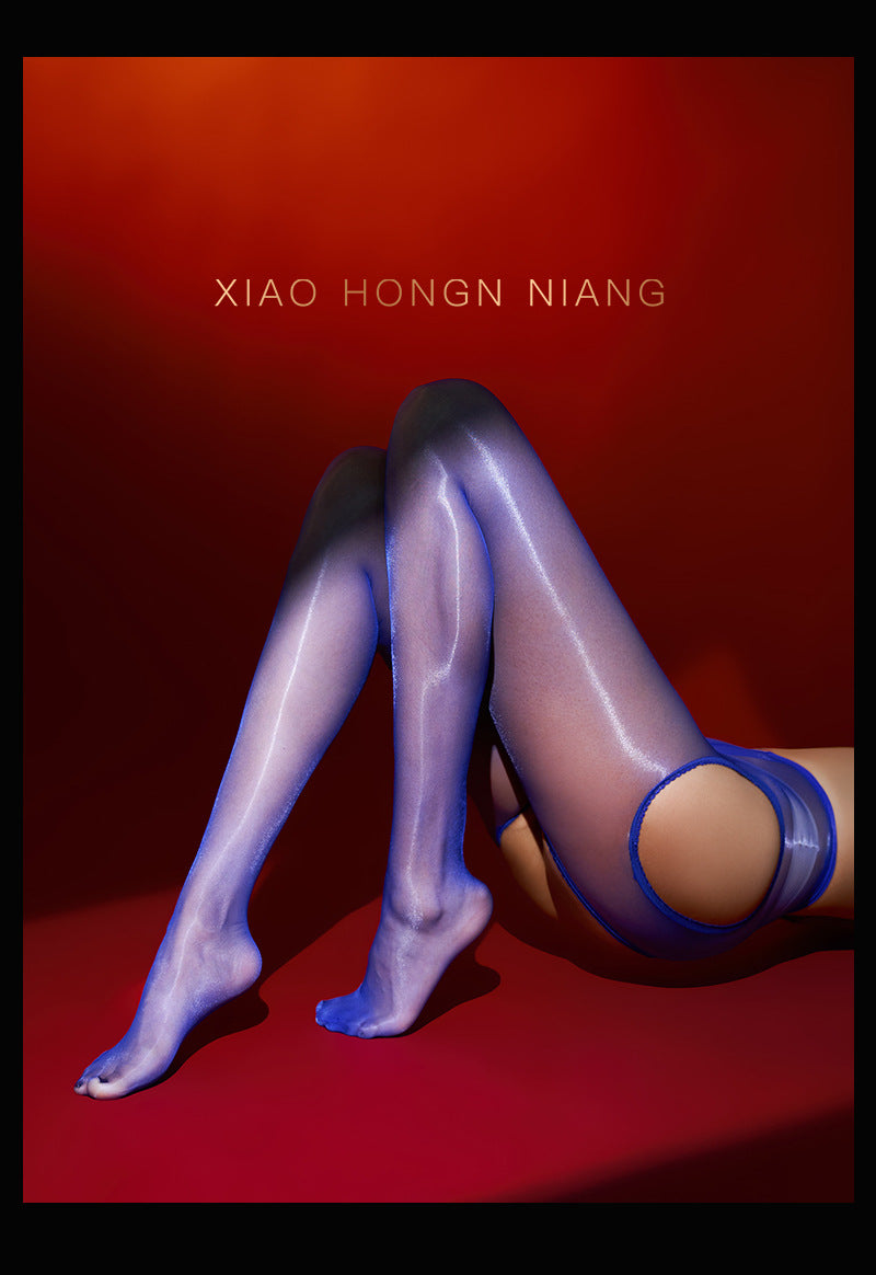 0D Sexy Aurora Stockings for Women, Glossy Ultra-Thin Transparent Four-Sided Crotch-Free Pantyhose, Sexy Black Hollow Stockings