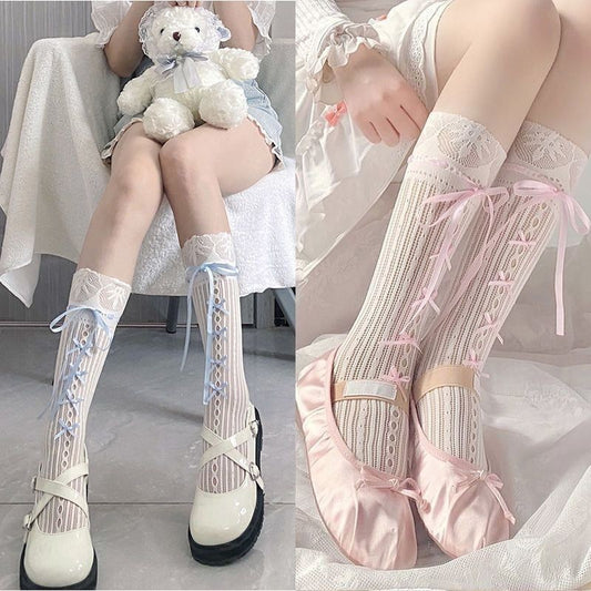 2025Hot-Selling French Lace Bow Mid-Calf Socks for Women, Summer Thin Strap Calf Pile Socks