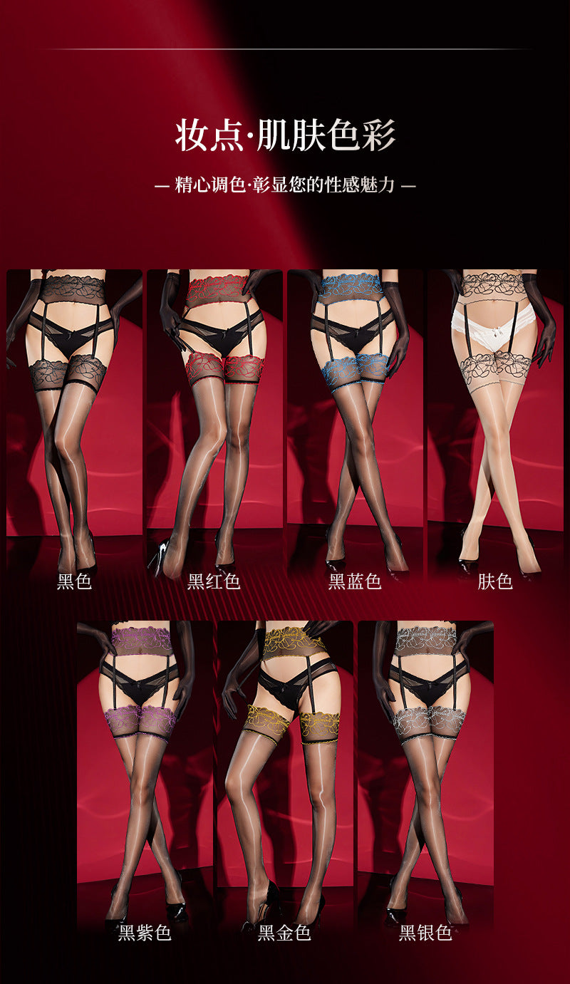 【Customized Processing】Sexy Two-tone Lace Waist One-piece Suspender Stockings Ultra-thin Aurora Oil Shiny Silky Suspender Stockings