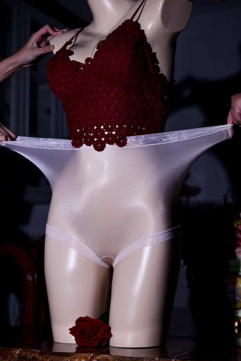 Little Red Dress Floating Fly Boxer Briefs Ultra-thin Silky Nude Ice Silk Plus Size Sexy Fun Crotchless Shiny Underwear for Women