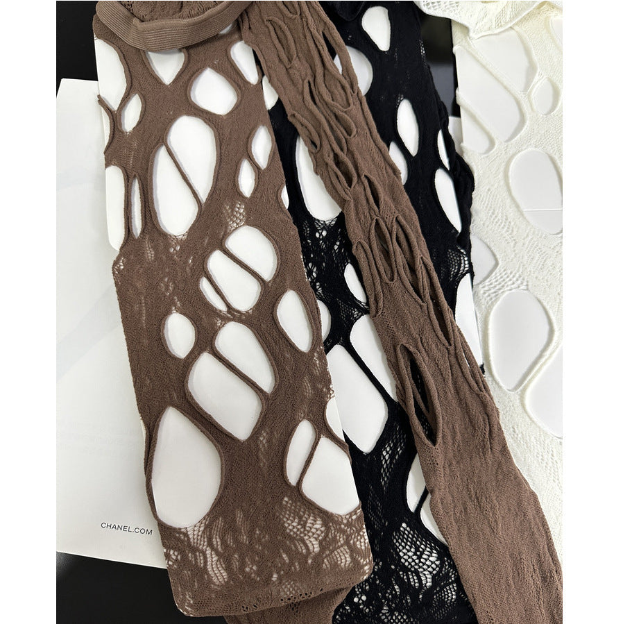 American Retro Style Distressed Fishnet Stockings Irregular Hot Girl Subculture y2k Hollow Out Pure Desire Sexy Black Stockings