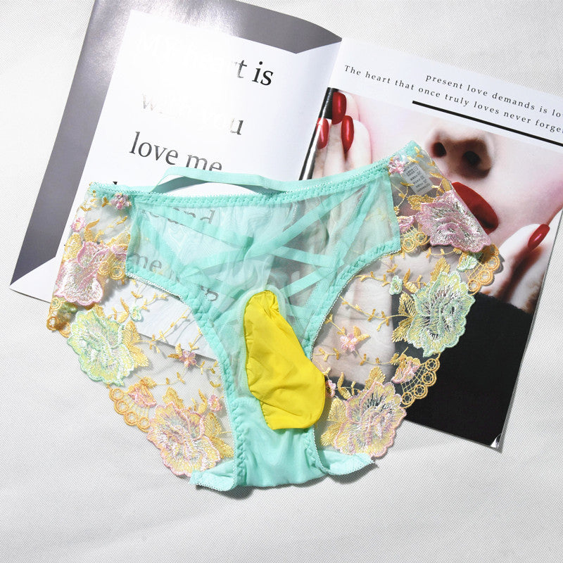 Men's Sexy Lace Embroidered Underwear Stockings Shorts Sexy jj Breathable Plus Size Triangle Briefs with Egg Covering and Airplane Pants