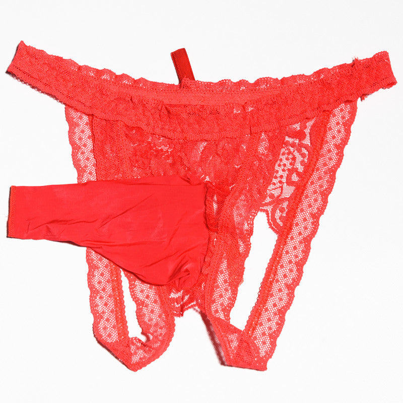 Men's Sexy Temptation Lace Thong Underwear Men's Flirty Thong Underwear U Transparent and see-through T Boxer shorts