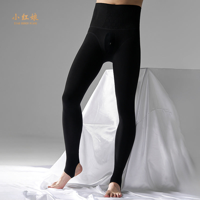 Autumn and Winter Men's Fleece-Lined Thermal Tights High Waist Tummy Control Vertical Opening Tight Sexy Thickened Stockings Leggings