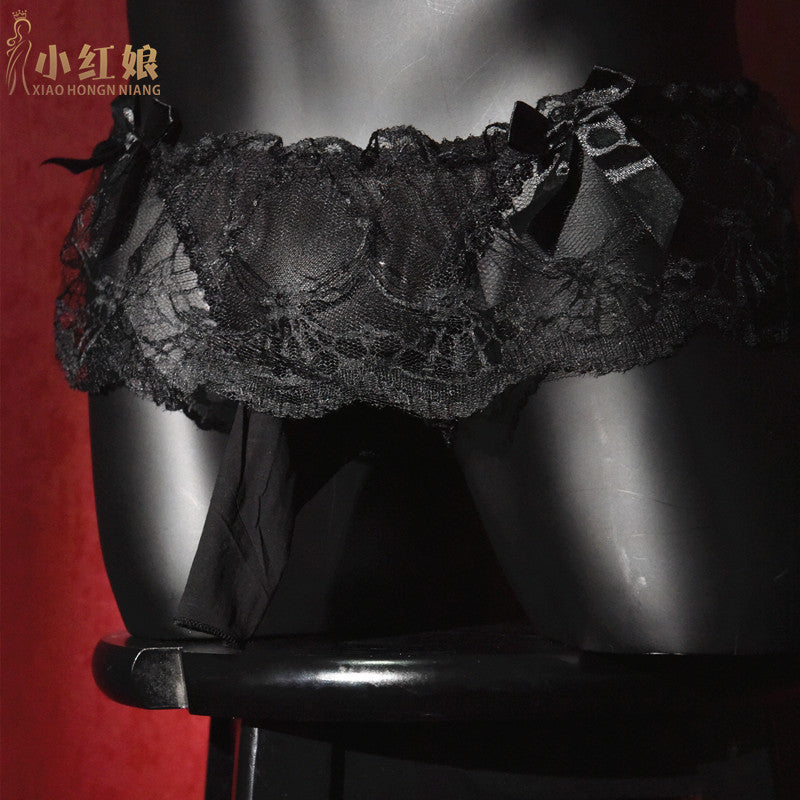 Men's Sexy Thong Lace Strap Underwear Ultra-thin Transparent Low-rise Transvestite Erotic Underwear Airplane jj Set