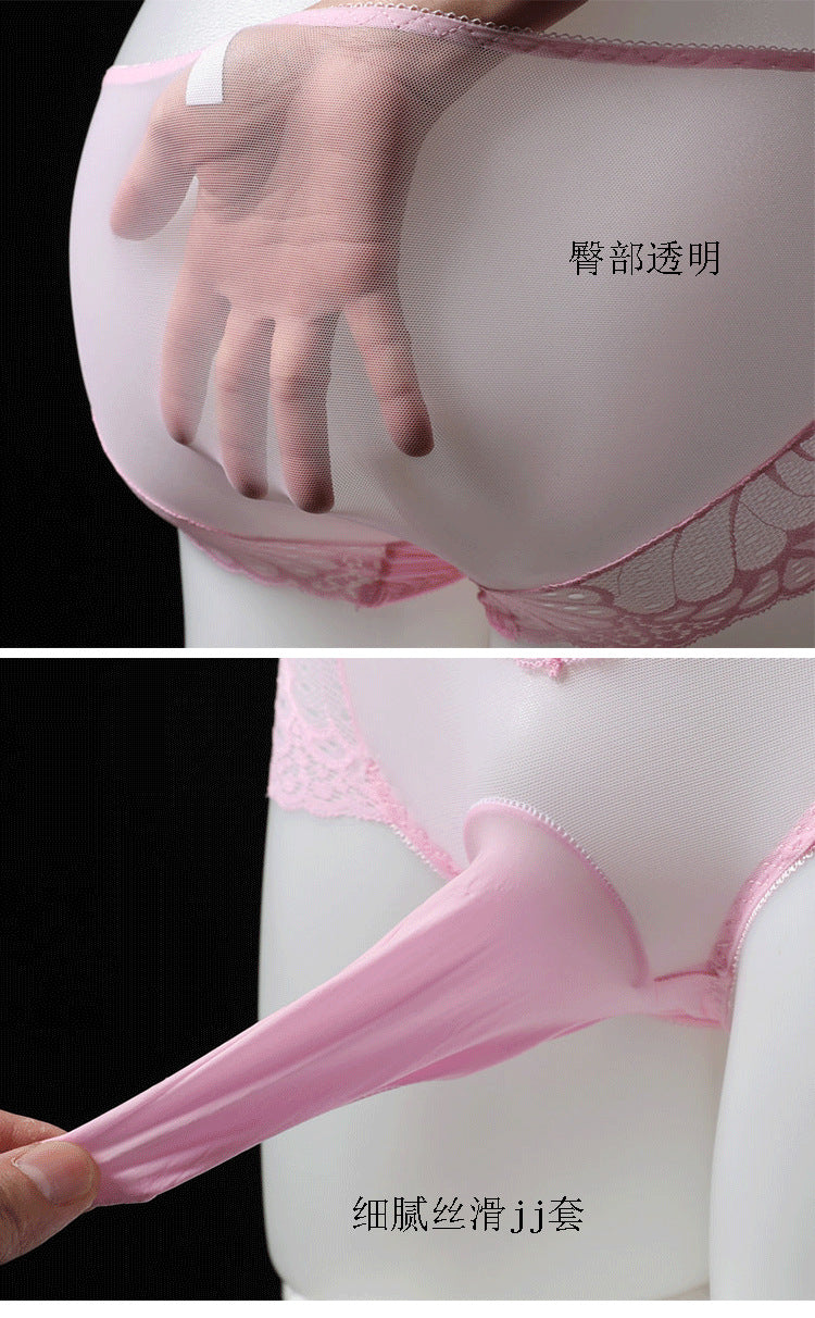 Plus Size Men's Lace Belt jj Set of Underwear Fully Transparent Delicate Sexy Lace Men's Low Waist Briefs