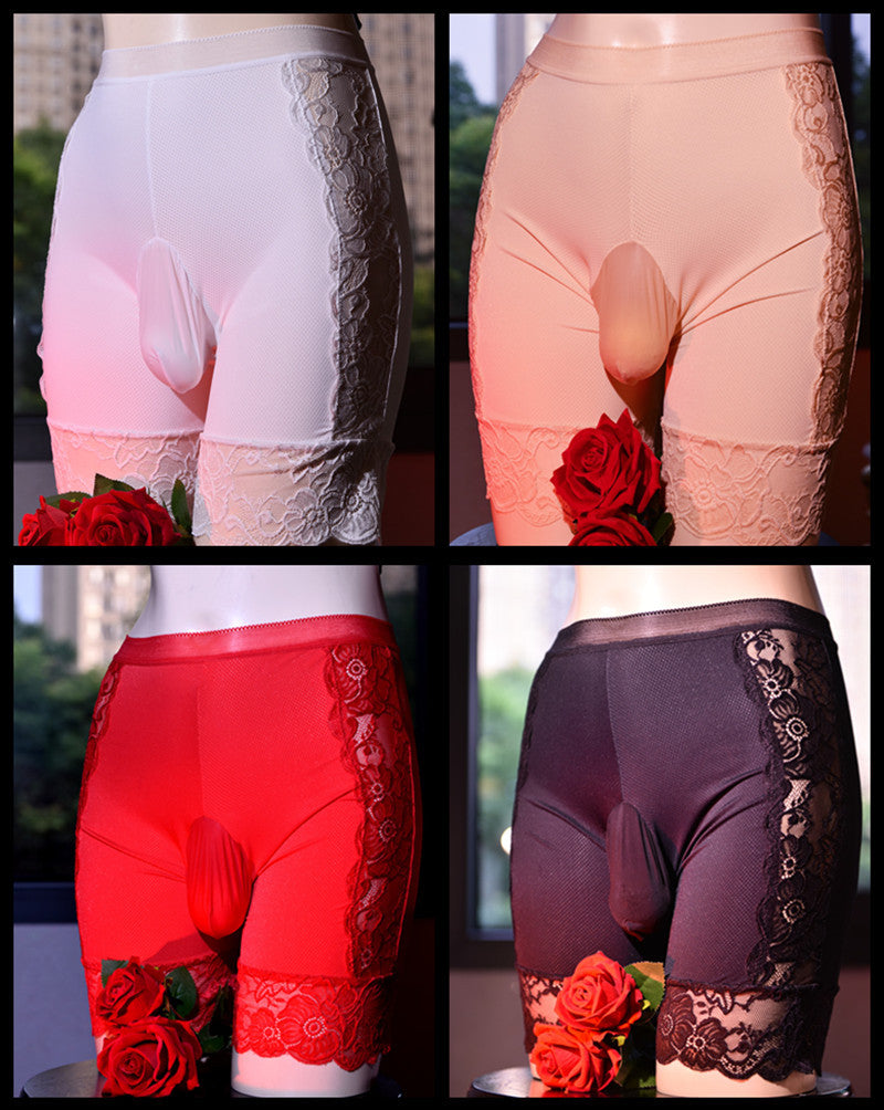 200Men's Ice Silk Underwear Sexy and Breathable jj Lace Trimmed Thong Panties with Stockings, Cool and Anti-Chafing Thigh and Flat Leg Pants