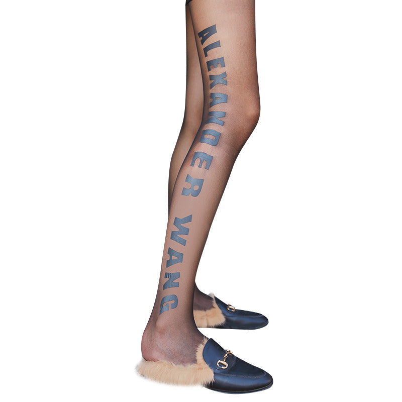 Autumn and Winter Printed AW Black Trendy Brand Side Letter Slimming Personality Beautiful Leg Stockings Letter Stockings