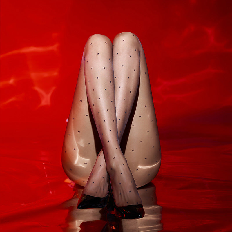 512Vintage Polka Dot Ultra-Thin Silky High-Transparency Sexy Stockings360Crotch Seamless Footed Large Size Polka Dot Stockings