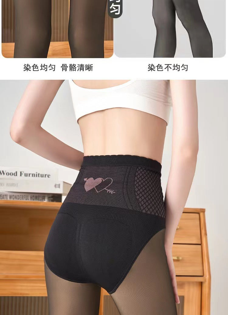 Autumn and Winter New Flower Fairy Black Silk Glossy High Waist Belly Contracting Butt-lifting Women's One-piece Fleece-lined Outerwear Leggings