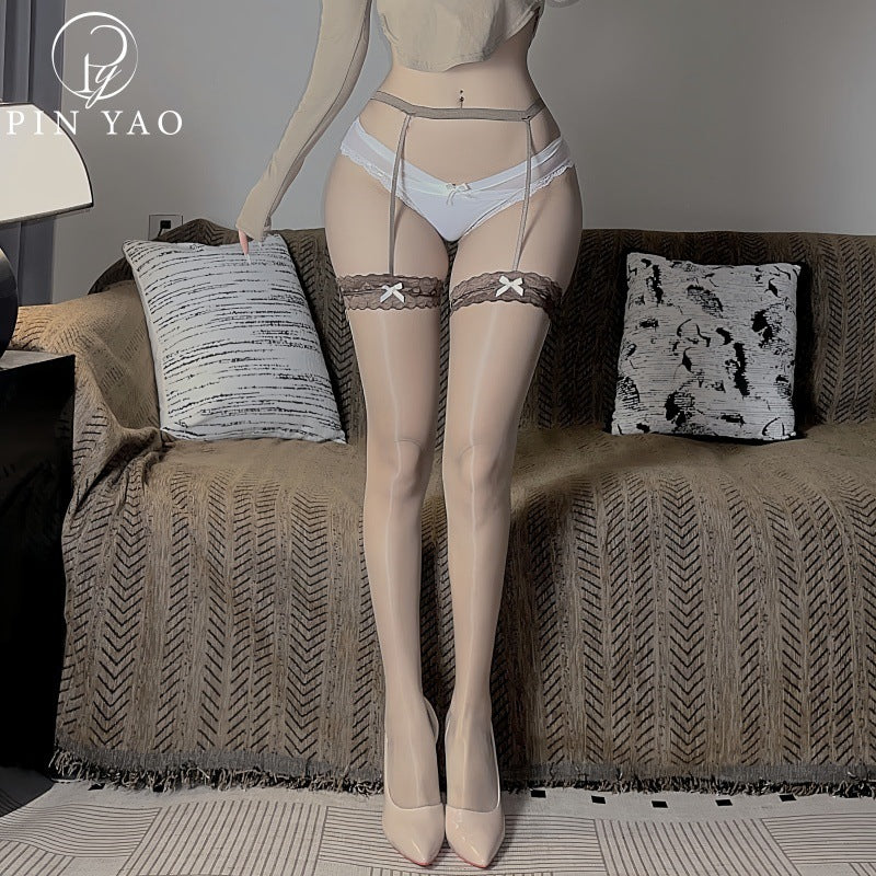 Aurora Glossy Lace Butterfly Long Tube Garter One-piece Stockings Glossy Ultra-thin Sexy Fun Open Crotch Black Stockings