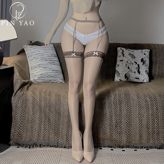 Aurora Glossy Lace Butterfly Long Tube Garter One-piece Stockings Glossy Ultra-thin Sexy Fun Open Crotch Black Stockings