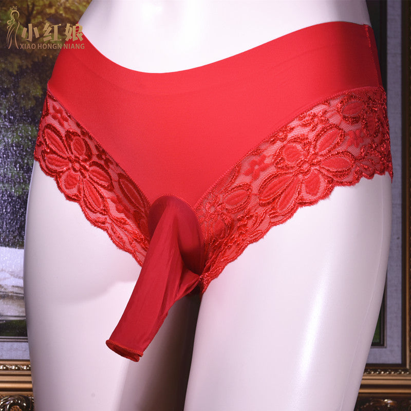 Little Matchmaker Lace One-Piece Ice Silk Underwear for Men with Sheath Sexy Hip-Lifting One-Piece Thong Low-Waist Triangle Underwear