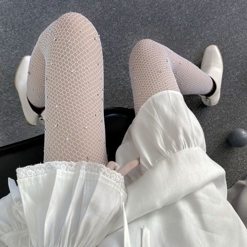 AliExpress European and American Sexy Fishnet Stockings with Rhinestones, Fishnet Tights with Rhinestones, Mesh Small Mesh Pantyhose, Slimming Effect