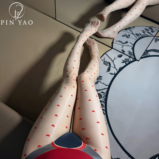 Aurora Heart Open Crotch Ultra-Thin Stockings0D Glossy Heart Pattern Base Socks Strawberry Stockings