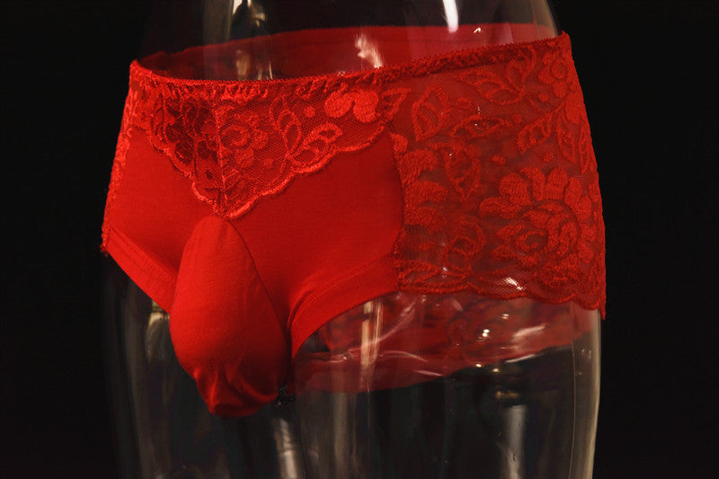 Little Red Luxury Men's Underwear Breathable Lace Sexy Briefs Pure Cotton Plus Size U Pouch Bag Underwear Shorts