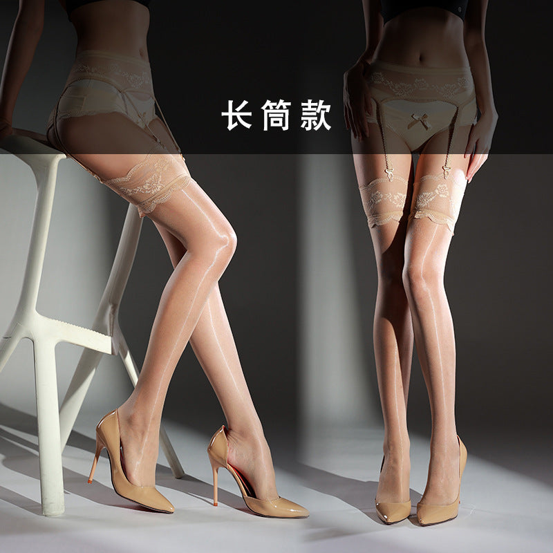 Aurora Glossy Black Silk Garter Stockings Women Sexy Over-the-Knee Long Tube Lace Stockings Pure Desire Lace One-Piece Garter Stockings