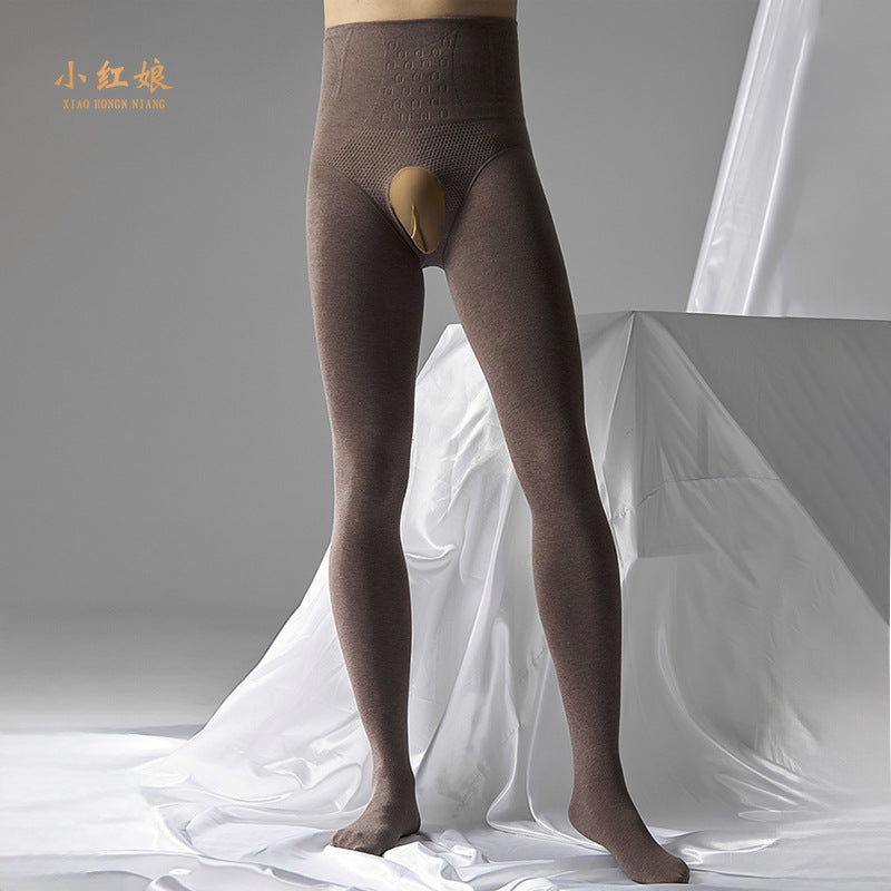 Autumn and Winter Men's Fleece-Lined Thermal Tights High Waist Tummy Control Vertical Opening Tight Sexy Thickened Stockings Leggings