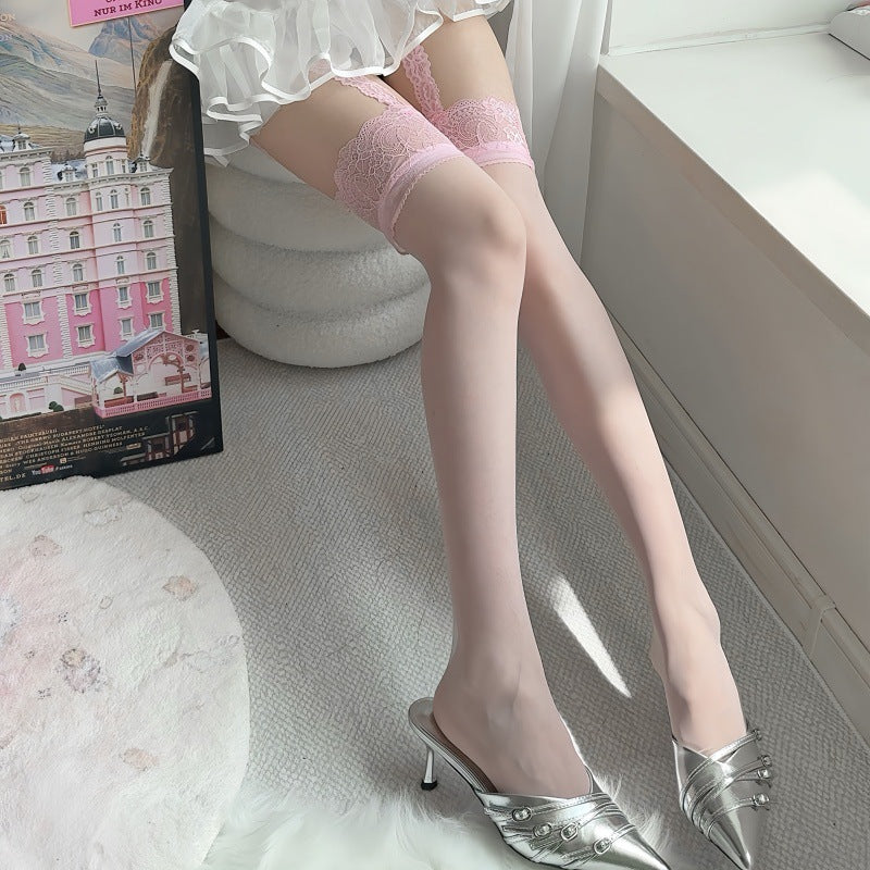 8D Sexy Horse Oil Strap One-piece Stockings Pure Desire Stockings Women's High Tube Thigh Stockings Pink Ultra-thin Lace Stockings Strap