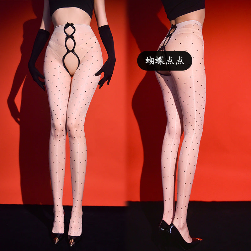 5D Aurora Polka Dot Black Silk Pantyhose Ultra-thin Skin-friendly Sunscreen Leg Socks Summer Sexy Open Crotch Footed Stockings