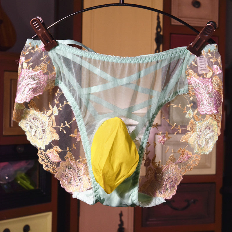 Men's Sexy Lace Embroidered Underwear Stockings Shorts Sexy jj Breathable Plus Size Triangle Briefs with Egg Covering and Airplane Pants