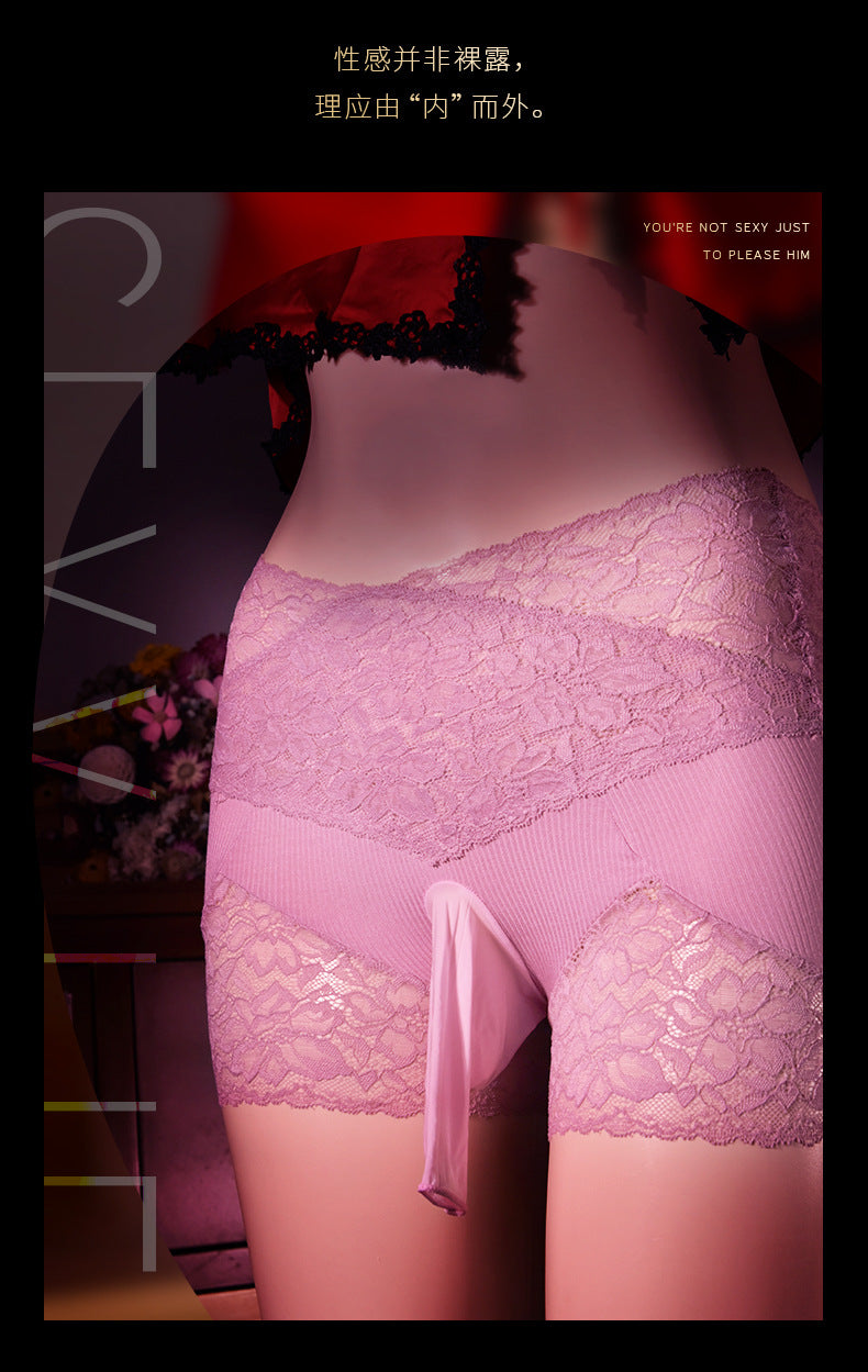 Japanese Style jj Men's Sexy Panties with Stockings, Ultra-thin Soft Mesh Lace Boxer Briefs, Airplane Socks Underwear