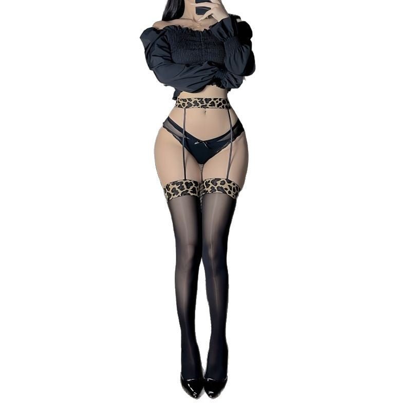 8D Sheep Oil Socks Shiny Leopard Print Garter Stockings Black Stockings Sexy Over-the-Knee Pure Desire Long Tube Aurora Thigh Women's Socks