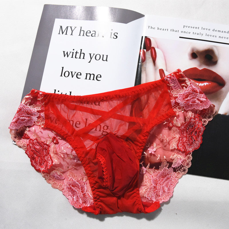 Men's Sexy Lace Embroidered Underwear Stockings Shorts Sexy jj Breathable Plus Size Triangle Briefs with Egg Covering and Airplane Pants