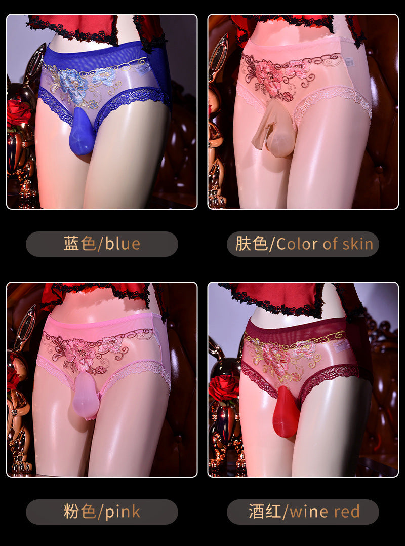 Men's Triangle Underwear Embroidered Flowers Silky Delicate Ultra-Thin Traceless Transparent Transvestite Erotic jj Briefs